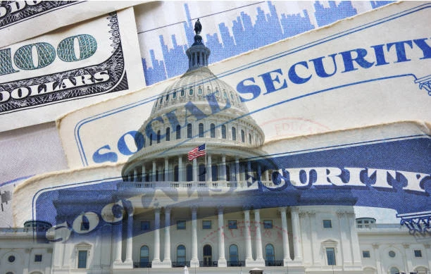 Layered images of the white house, money, and Social Security cards
